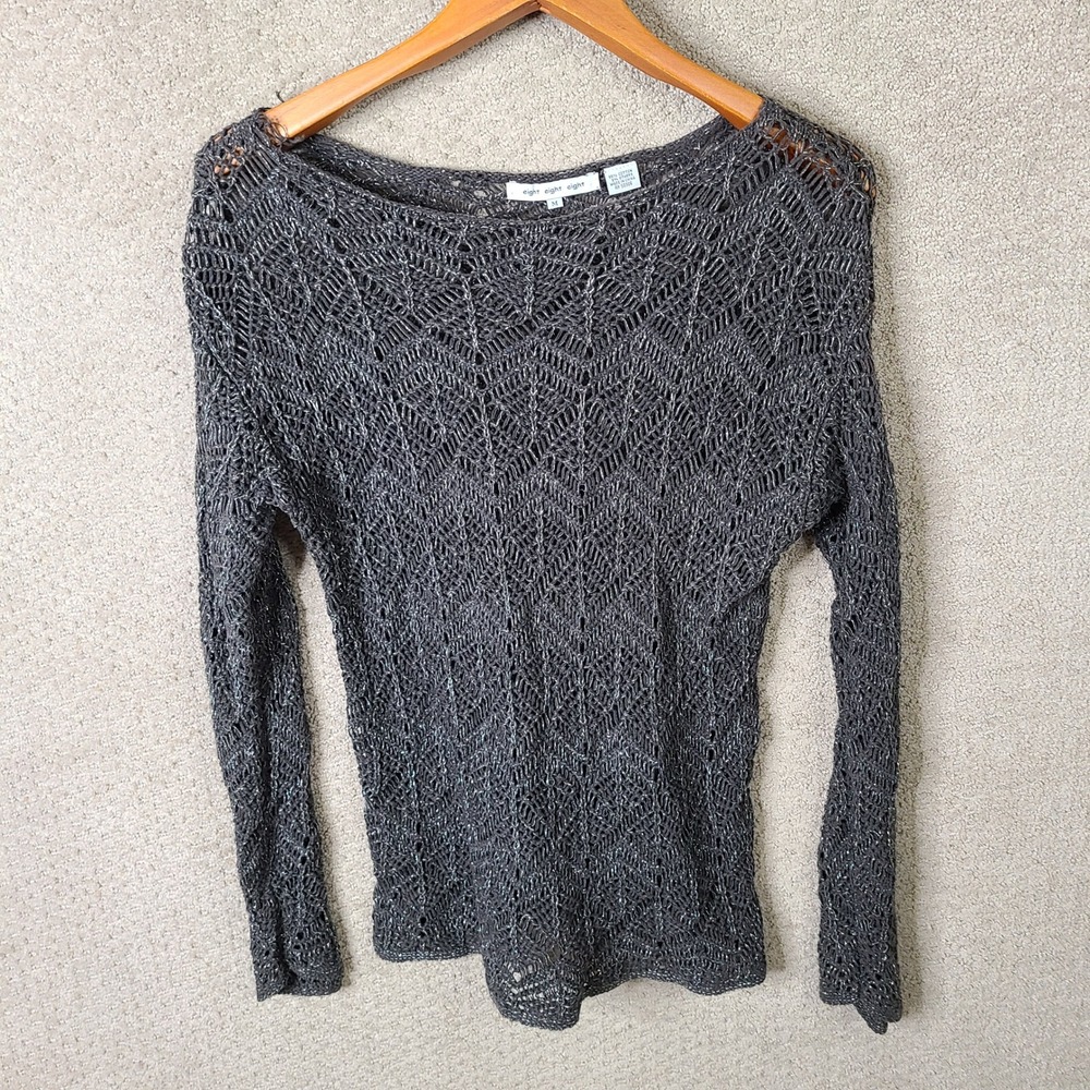 Eight Eight Eight Sweater Womens Medium Gray Open Knit Cotton Long Sleeve Casual